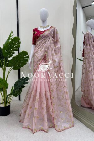 Shop Heavy Zimmy Chu Designer Saree with Thread and Sequence Work and Unstitched Mono Benglori Silk Blouse