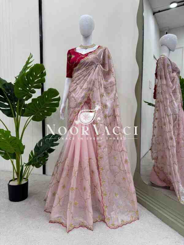 Heavy Zimmy Chu Designer Saree with Thread and Sequence Work and Unstitched Mono Benglori Silk Blouse