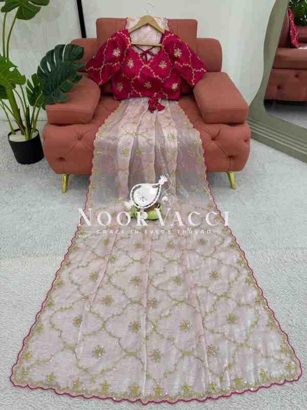 Heavy Zimmy Chu Designer Saree with Thread and Sequence Work and Unstitched Mono Benglori Silk Blouse - Image 6