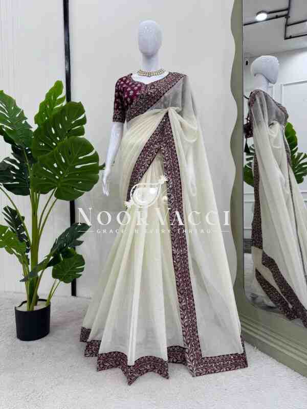 Crunchy Silk Designer Saree with Thread & Sequence Work | Unstitched Mono Benglori Silk Blouse