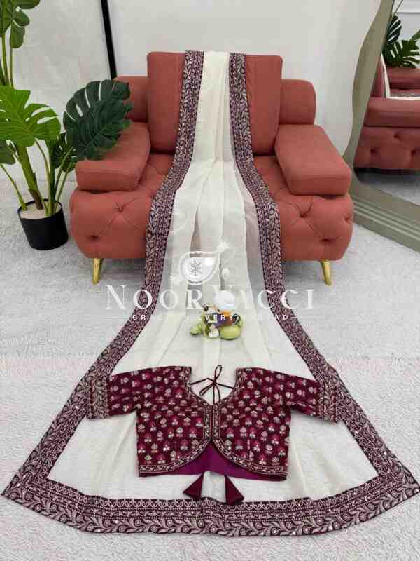 Crunchy Silk Designer Saree with Thread & Sequence Work | Unstitched Mono Benglori Silk Blouse - Image 5