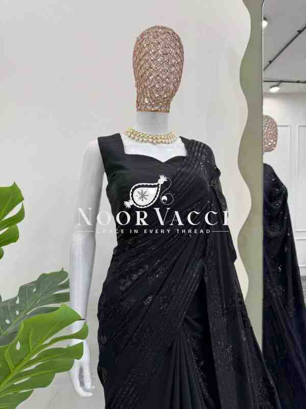 Designer Faux Georgette Saree with Thread and Sequence Work and Unstitched Mono Benglori Silk Blouse - Image 4