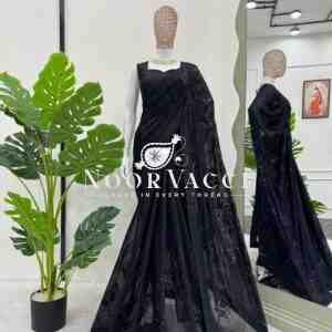 Designer Faux Georgette Saree with Thread and Sequence Work and Unstitched Mono Benglori Silk Blouse