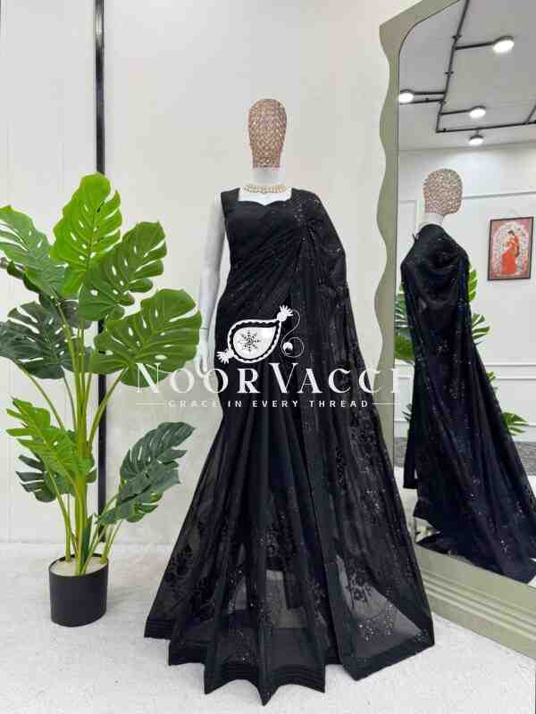 Designer Faux Georgette Saree with Thread and Sequence Work and Unstitched Mono Benglori Silk Blouse