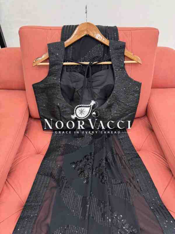 Designer Faux Georgette Saree with Thread and Sequence Work and Unstitched Mono Benglori Silk Blouse - Image 5