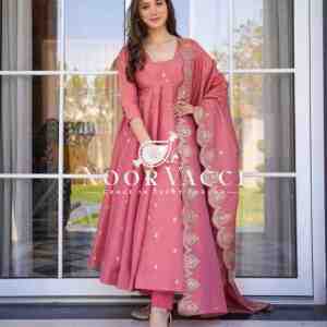 Gold Crush Silk Embroidered Gown with Dupatta – Party Wear Elegance