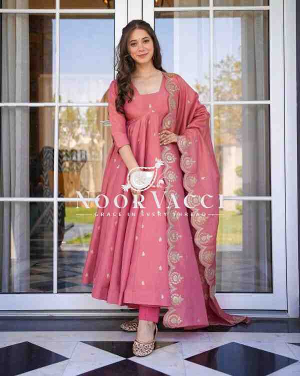 Gold Crush Silk Embroidered Gown with Dupatta – Party Wear Elegance
