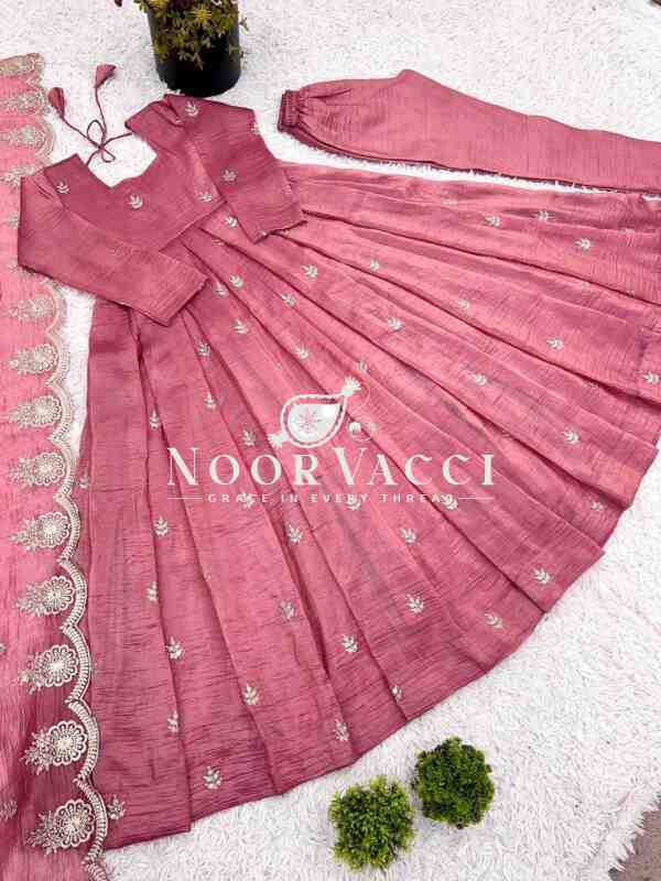 Gold Crush Silk Embroidered Gown with Dupatta – Party Wear Elegance - Image 4