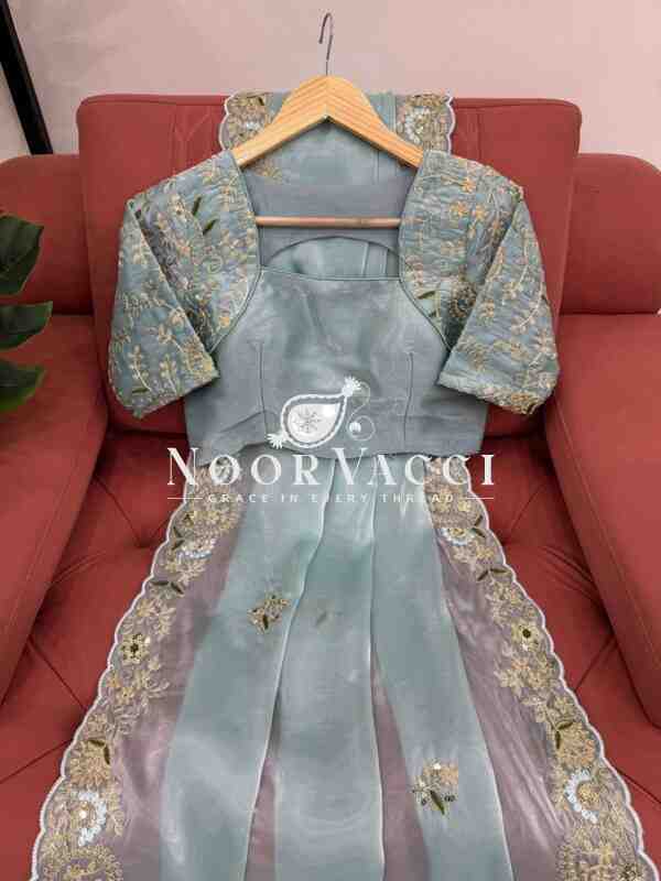 Designer Zimmy Chu Saree with Thread and Sequence Work and Matching Unstitched Blouse - Image 3