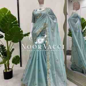 Designer Zimmy Chu Saree with Thread and Sequence Work and Matching Unstitched Blouse
