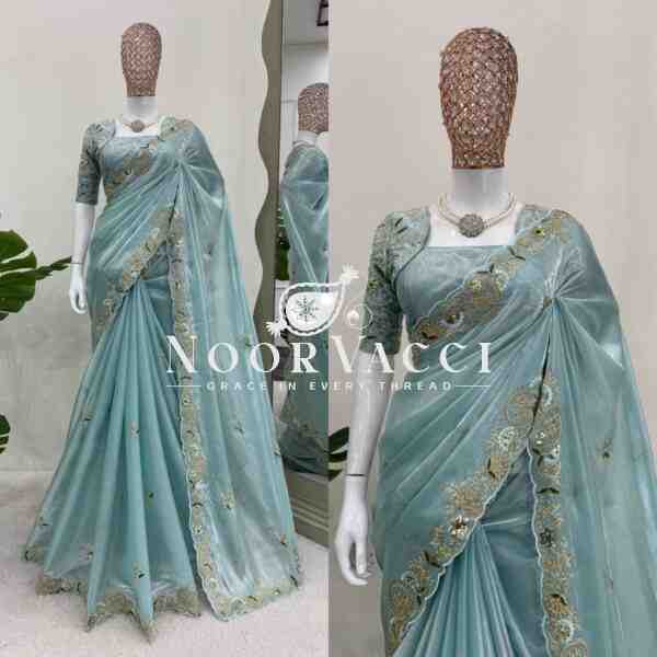 Designer Zimmy Chu Saree with Thread and Sequence Work and Matching Unstitched Blouse - Image 2