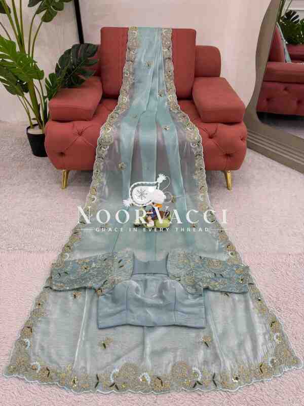 Designer Zimmy Chu Saree with Thread and Sequence Work and Matching Unstitched Blouse - Image 5