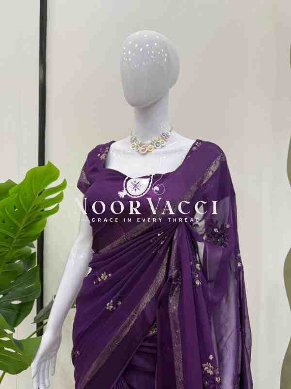 Viscous Patta Saree with Thread & Sequence Embroidery and Matching Blouse - Image 3
