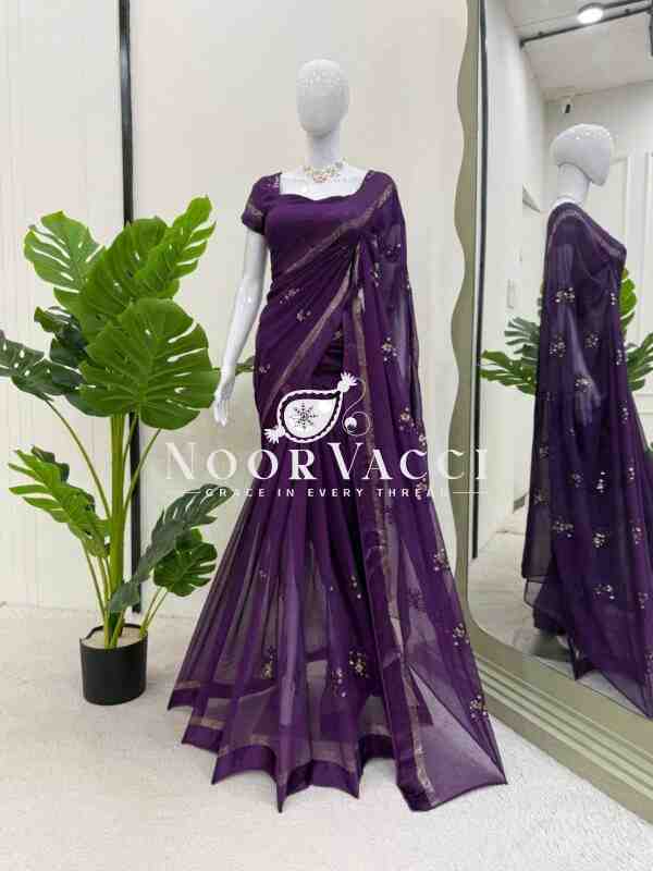 Viscous Patta Saree with Thread & Sequence Embroidery and Matching Blouse