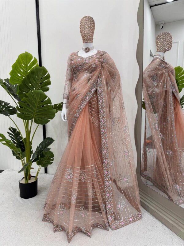 Shop Soft Net Saree with Thread & Sequence Embroidery and Matching Dual-Side Blouse
