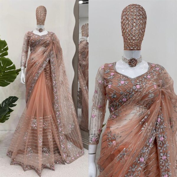 Shop Soft Net Saree with Thread & Sequence Embroidery and Matching Dual-Side Blouse - Image 2