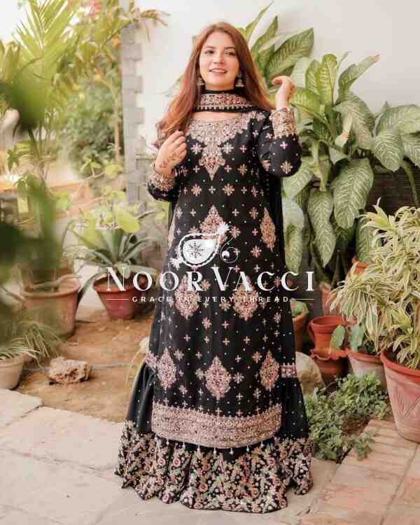 Embroidered Faux Georgette Suit with Sharara and Dupatta in Thread & Sequence Work - Image 2