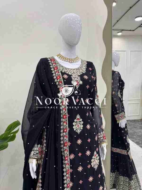 Embroidered Faux Georgette Suit with Sharara and Dupatta in Thread & Sequence Work - Image 4