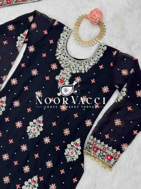 Embroidered Faux Georgette Suit with Sharara and Dupatta in Thread & Sequence Work - Image 7