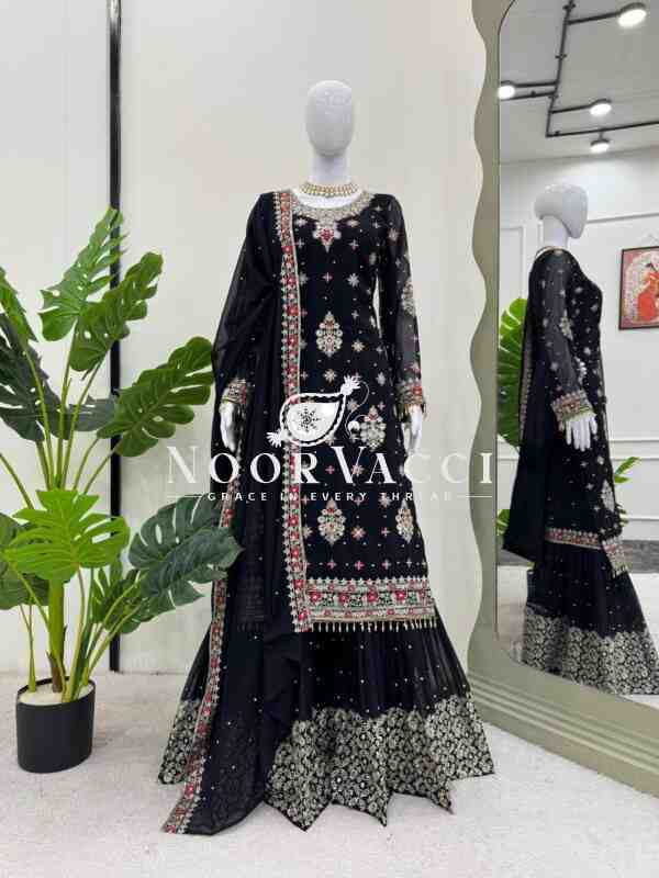 Embroidered Faux Georgette Suit with Sharara and Dupatta in Thread & Sequence Work - Image 5