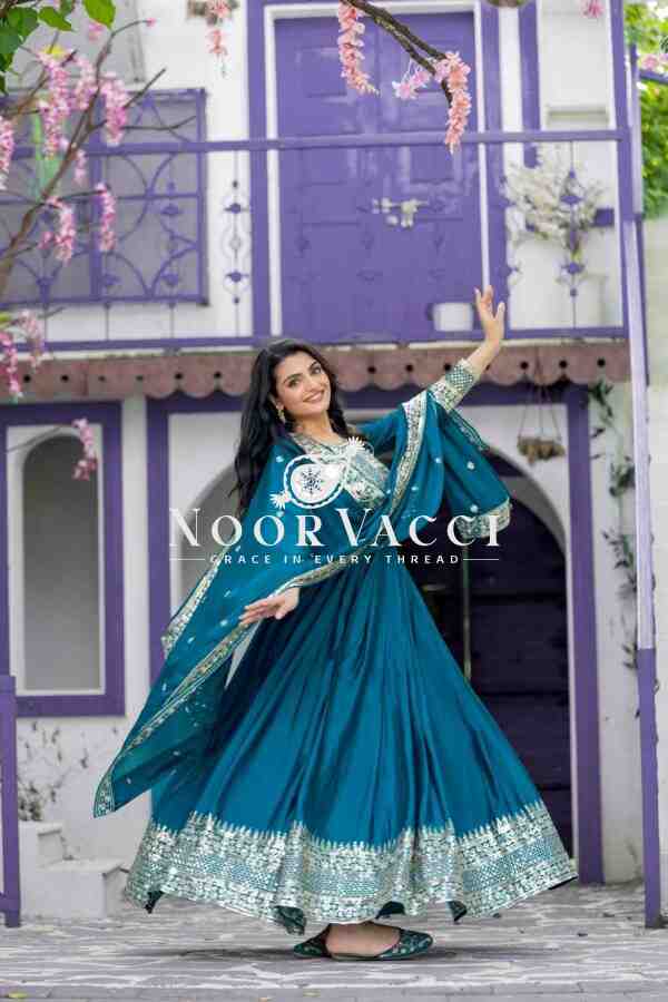 Heavy Chinon Silk Designer Party Wear Gown & Dupatta Set with Embroidery Sequence Work - Image 4