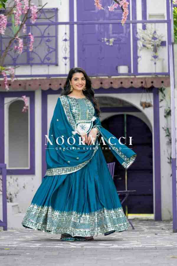 Heavy Chinon Silk Designer Party Wear Gown & Dupatta Set with Embroidery Sequence Work
