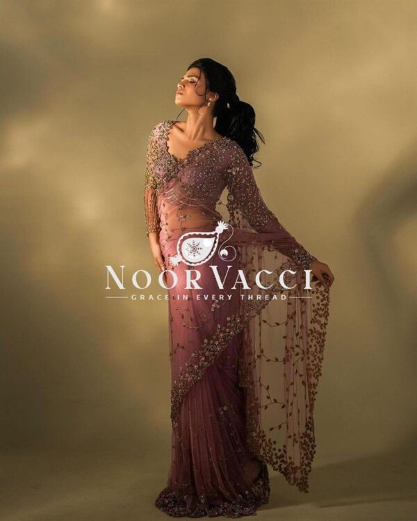 Buy Soft Net Saree with Intricate Thread & Sequence Embroidery and Matching Blouse - Image 2