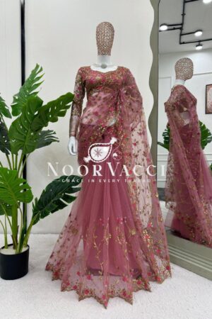Buy Soft Net Saree with Intricate Thread & Sequence Embroidery and Matching Blouse