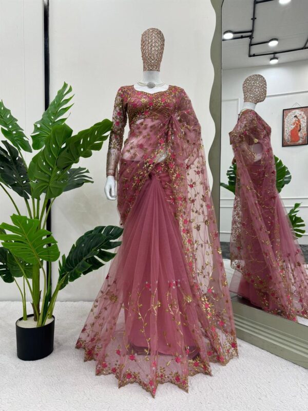 Buy Soft Net Saree with Intricate Thread & Sequence Embroidery and Matching Blouse