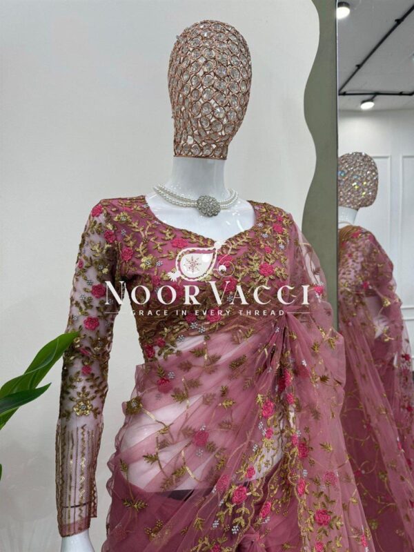 Buy Soft Net Saree with Intricate Thread & Sequence Embroidery and Matching Blouse - Image 4