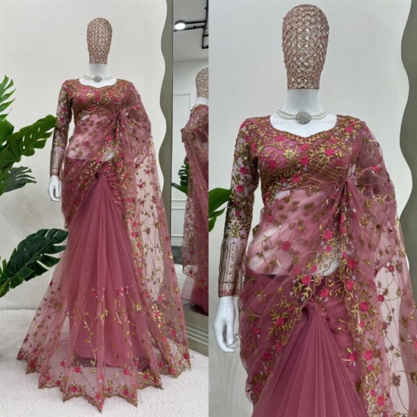Buy Soft Net Saree with Intricate Thread & Sequence Embroidery and Matching Blouse - Image 3
