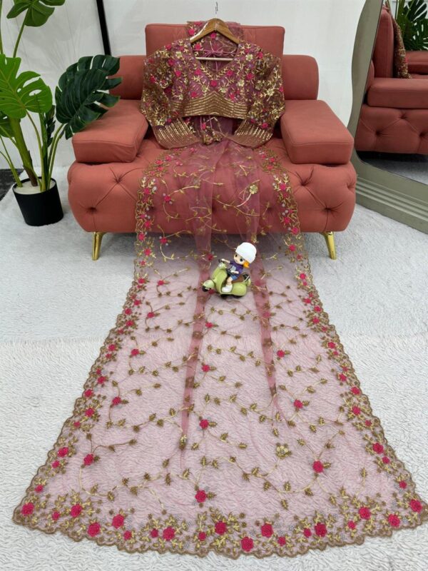 Buy Soft Net Saree with Intricate Thread & Sequence Embroidery and Matching Blouse - Image 7