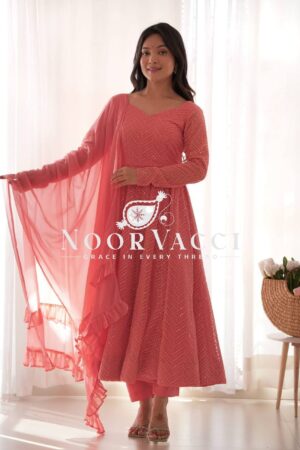 Shop Lucknowi Georgette Embroidered Anarkali Suit Set with Ruffle Dupatta