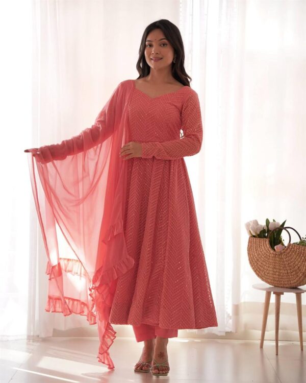 Shop Lucknowi Georgette Embroidered Anarkali Suit Set with Ruffle Dupatta