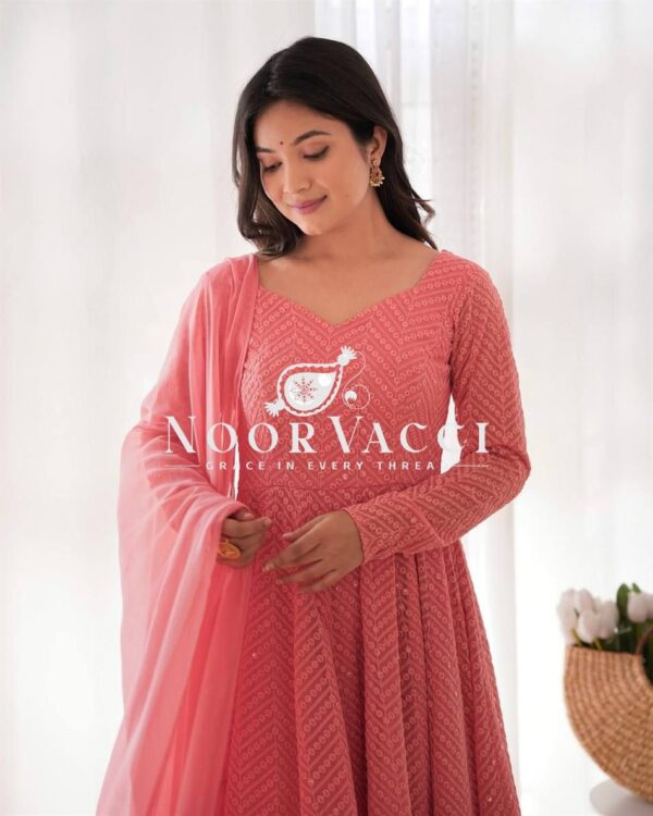 Shop Lucknowi Georgette Embroidered Anarkali Suit Set with Ruffle Dupatta - Image 3
