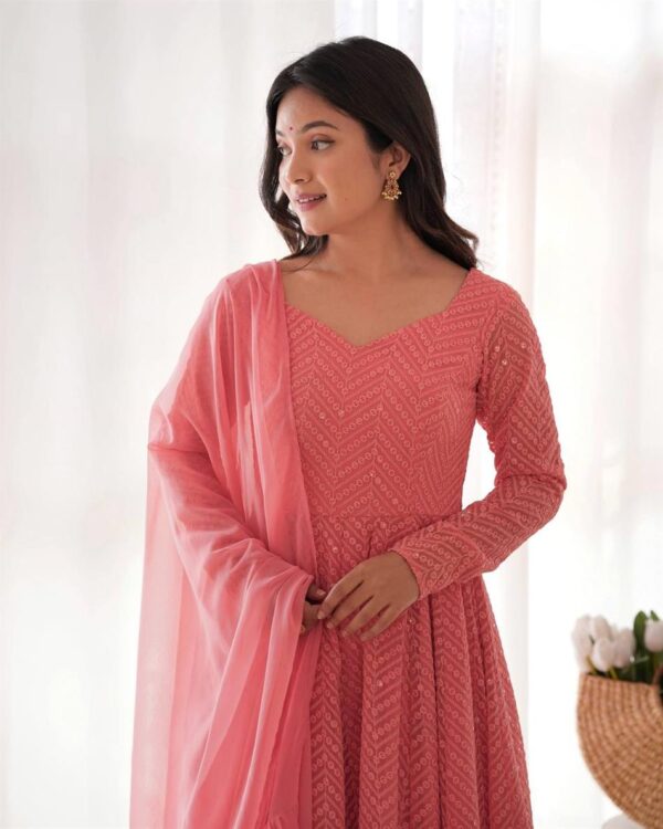 Shop Lucknowi Georgette Embroidered Anarkali Suit Set with Ruffle Dupatta - Image 4