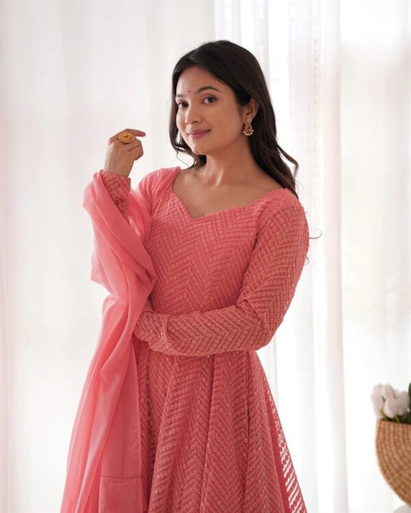 Shop Lucknowi Georgette Embroidered Anarkali Suit Set with Ruffle Dupatta - Image 8