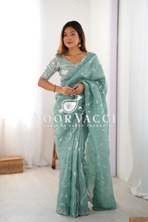 Shop Gold Crush Saree with Full Sequence Embroidery and Dual-Side Blouse