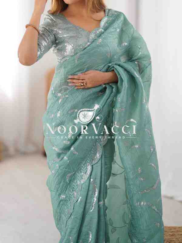 Gold Crush Saree with Full Sequence Embroidery and Dual-Side Blouse - Image 6