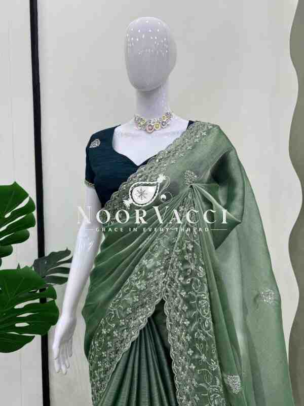 Burberry Silk Saree with Thread and Sequence Work and Matching Mono Benglori Blouse - Image 3