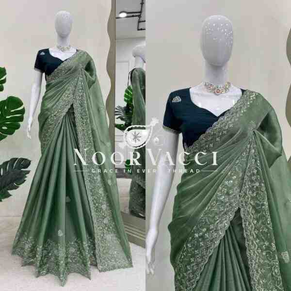 Burberry Silk Saree with Thread and Sequence Work and Matching Mono Benglori Blouse - Image 2