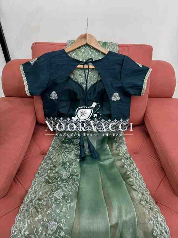Burberry Silk Saree with Thread and Sequence Work and Matching Mono Benglori Blouse - Image 5