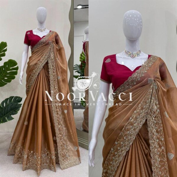 Shop Burberry Silk Saree with Thread and Sequence Work and Matching Mono Benglori Blouse - Image 2
