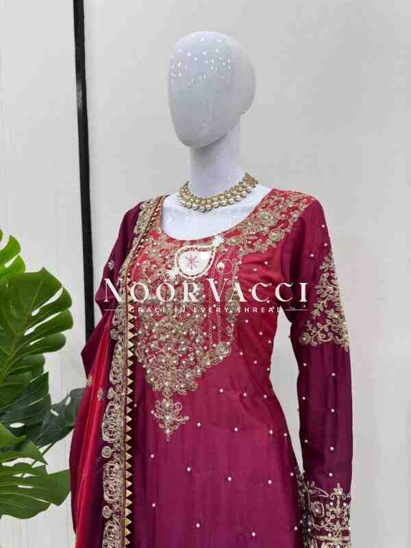 Chinon Embroidered Suit Set with Pearl Work, Sharara & Dupatta - Image 2