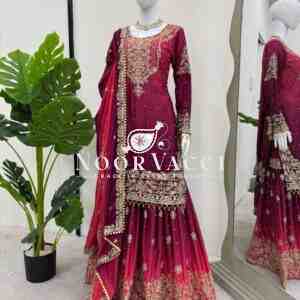 Chinon Embroidered Suit Set with Pearl Work, Sharara & Dupatta
