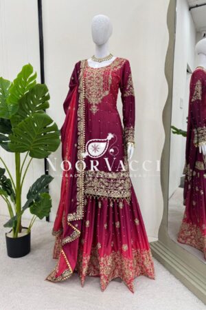 Buy Chinon Embroidered Suit Set with Pearl Work, Sharara & Dupatta
