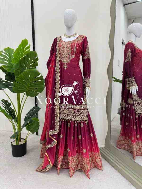 Chinon Embroidered Suit Set with Pearl Work, Sharara & Dupatta