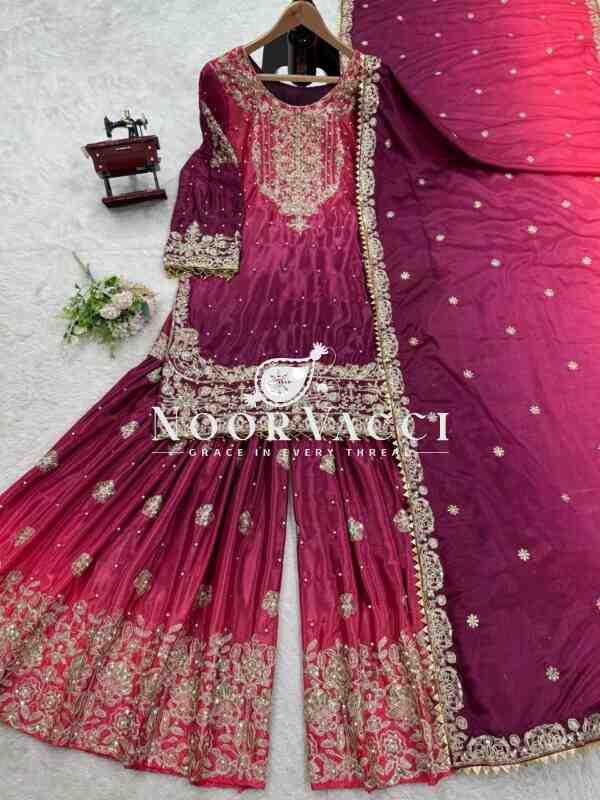 Chinon Embroidered Suit Set with Pearl Work, Sharara & Dupatta - Image 4