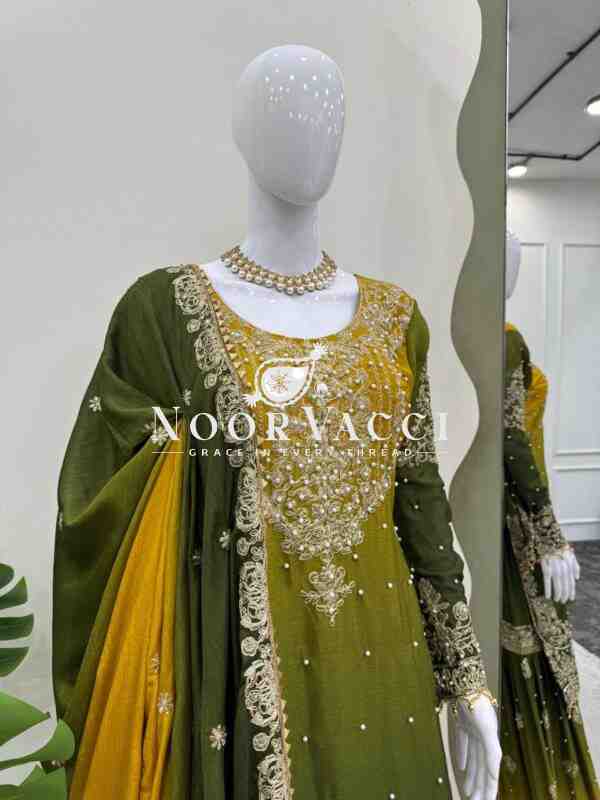 Chinon Embroidered Suit Set with Pearl Work, Sharara & Dupatta - Image 3