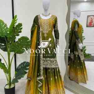 Chinon Embroidered Suit Set with Pearl Work, Sharara & Dupatta